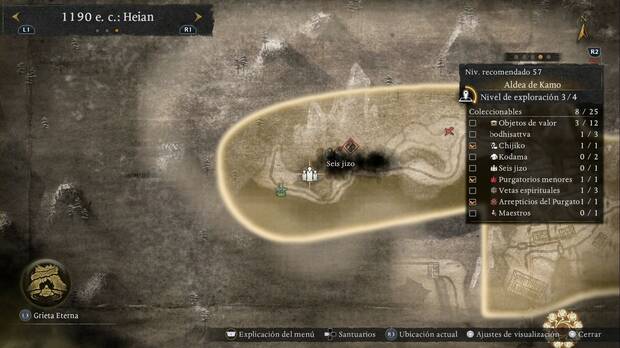 Nioh 3 - Seis jizo en la Aldea de Kamo, ubicaci�n de las estatuas en la esquina noroeste del oeste de la regi�n