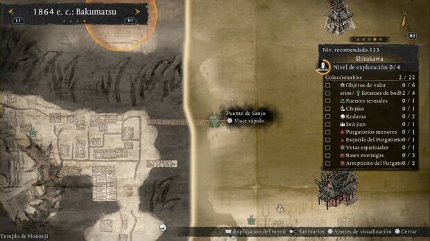 Nioh 3 - Santuarios en Shirakawa, ubicaci�n del santuario del Puente de Sanjo en la zona oeste de la regi�n