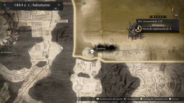 Nioh 3 - Kodama en Shirakawa, ubicación del kodama en la isleta suroeste a la que se llega desde una veta espiritual al noroeste de Gion