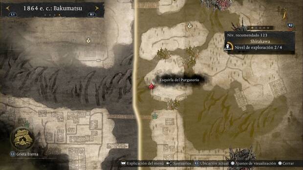 Nioh 3 - Esquirlas del Purgatorio en Shirakawa, ubicaci�n de la esquirla del margen oeste