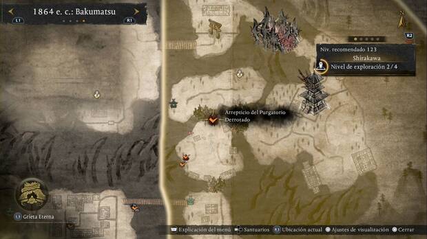 Nioh 3 - Arrepticios del Purgatorio en Shirakawa, ubicación de la Sirena del lado norte del margen oeste de la región