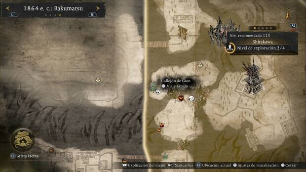 Nioh 3 - Santuarios de Shirakawa, ubicaci�n del Callej�n de Gion en la zona noroeste de la regi�n