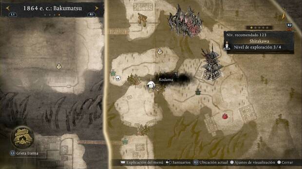 Nioh 3 - Kodama en Shirakawa, ubicación del kodama que se encuentra sobre un tejado de la esquina nordeste de la zona central del margen oeste de la región