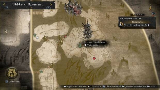 Nioh 3 - Santuarios de Shirakawa, ubicaci�n del Acceso a Yoshidayama en la zona central del lado este