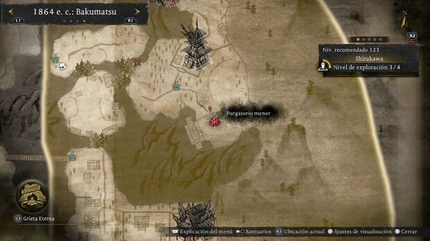 Nioh 3 - Purgatorios menores de Shirakawa, ubicación del purgatorio de la zona sudeste del lado este-nordeste de la región