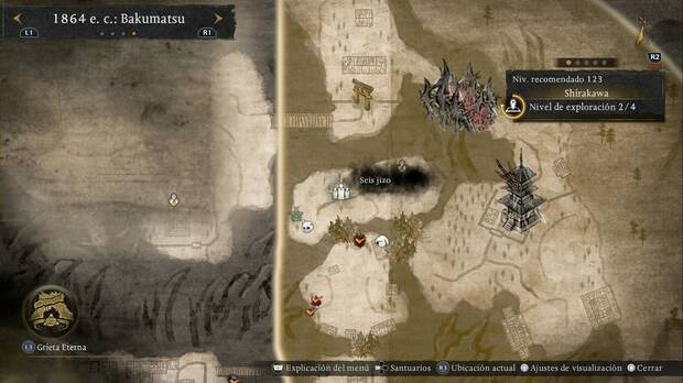 Nioh 3 - Seis jizo de Shirakawa, ubicación de las estatuas en el noroeste, cerca del Callejón de Gion