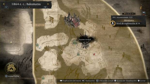 Nioh 3 - Fuentes termales de Shirakawa, ubicación de la fuente termal junto a la fuente de la zona este