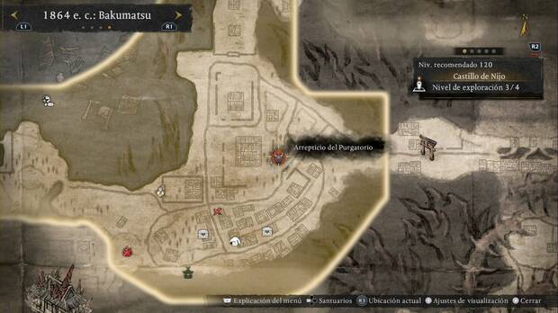 Nioh 3 - Arrepticios del Purgatorio en el Castillo de Nijo, ubicación del Ippon-Datara de la parte nordeste de la zona central