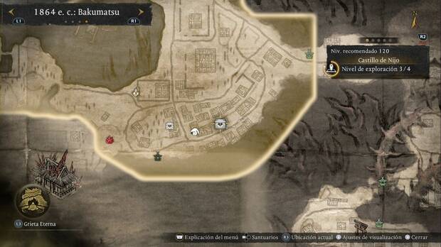 Nioh 3 - Cofres del Castillo de Nijo, ubicación del cofre de la calle sudeste