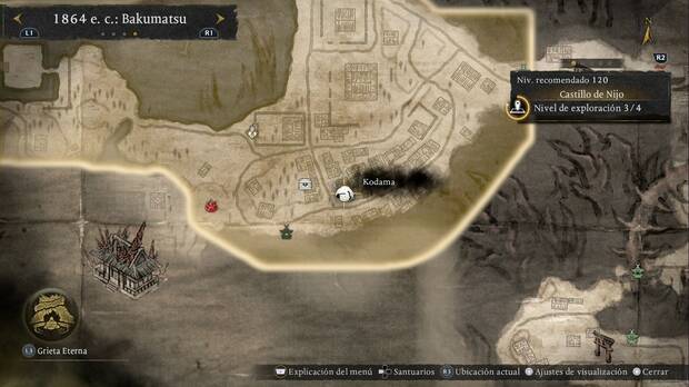 Nioh 3 - Kodama del Castillo de Nijo, ubicación del kodama del cruce de la calle sudeste