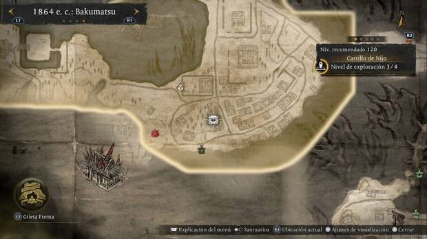 Nioh 3 - Cofres del Castillo de Nijo, ubicación del cofre del cruce de la calle sudeste