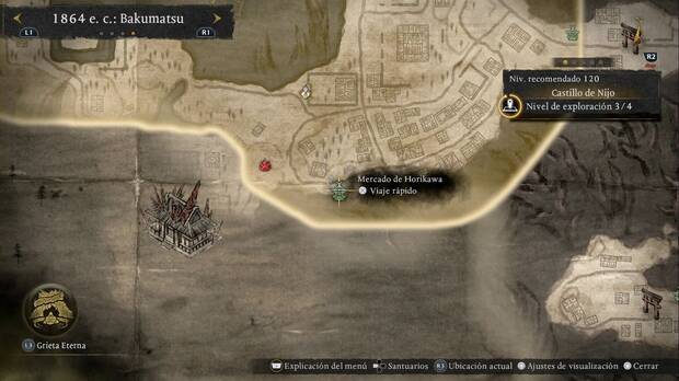 Nioh 3 - Santuarios en el Castillo de Nijo, ubicaci�n del Mercado de Hirakawa en la zona sur, al suroeste de la calle que baja desde el sudeste