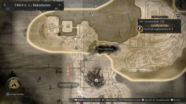 Nioh 3 - Vetas espirituales del Castillo de Nijo, ubicación de la veta que permite llegar al arrepticio de la zona suroeste