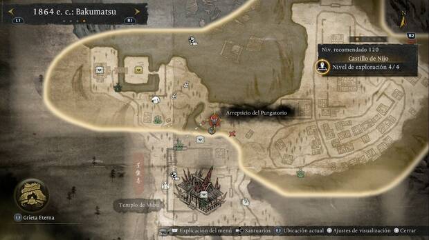 Nioh 3 - Arrepticios del Purgatorio del Castillo de Nijo, ubicación del arrepticio de la zona suroeste de la región