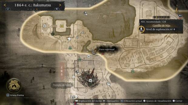 Nioh 3 - Vetas espirituales del Castillo de Nijo, ubicación de la veta de vuelo de la plataforma del arrepticio del suroeste