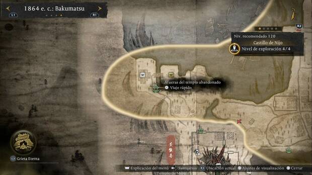 Nioh 3 - Santuarios del Castillo de Nijo, ubicaci�n de Afueras del templo abandonado en la esquina suroeste de la regi�n