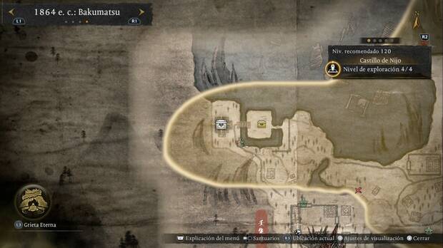 Nioh 3 - Cofres del Castillo de Nijo, ubicación del cofre de la esquina suroeste de la región