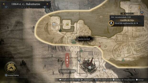 Nioh 3 - Fuentes termales del Castillo de Nijo, ubicación de la fuente termal en la esquina suroeste