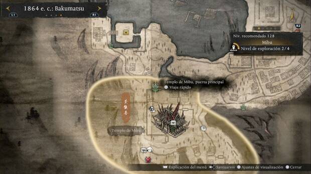 Nioh 3 - Santuarios en Mibu, ubicaci�n del Templo de Mibu, puerta principal en la zona norte