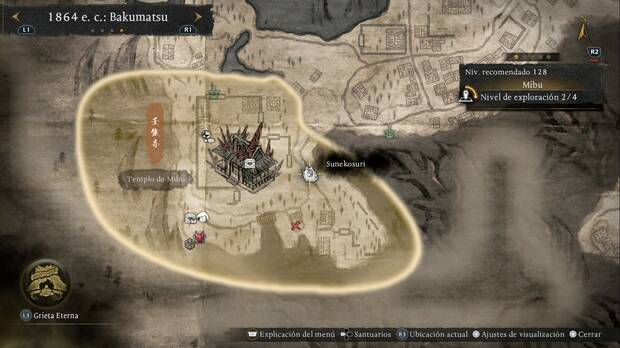 Nioh 3 - Sunekosuri de Mibu, ubicaci�n del sunekosuri en el sendero este-sudeste, por donde se llega a la regi�n