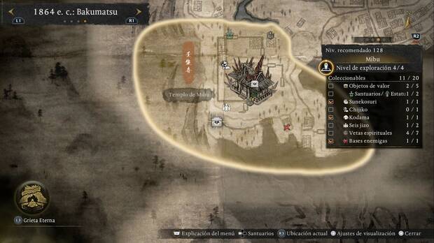 Nioh 3 - Cofres en Mibu, ubicación del cofre de la base enemiga de la esquina suroeste