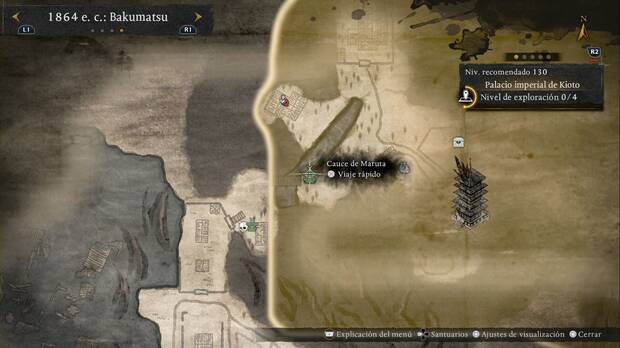 Nioh 3 - Santuarios en el Palacio imperial de Kioto, ubicaci�n del Cauce de Maruta en la esquina suroeste del Palacio ipmerial de Kioto