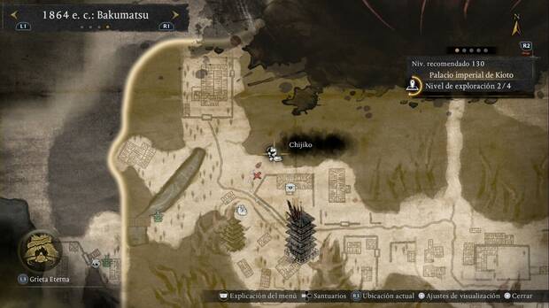 Nioh 3 - Chijiko en el Palacio imperial de Kioto, ubicaci�n del chijiko en la zona de la catarata del noroeste