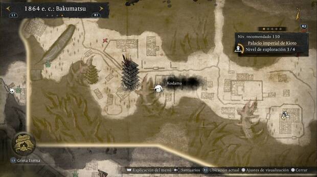 Nioh 3 - Kodama en el Palacio imperial de Kioto, ubicación del kodama en el pozo del patio del arrepticio Waira