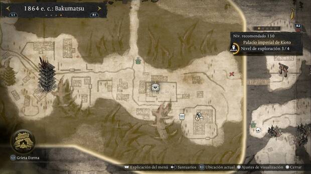 Nioh 3 - Cofres del Palacio imperial de Kioto, ubicación del cofre dentro de un campamento al sudeste del puente que lleva al norte