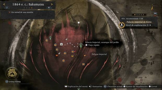 Nioh 3 - Vástago de los dioses, ubicación de la estatua Palacio Imperial, estanque del jardín en el Purgatorio del Palacio Imperial