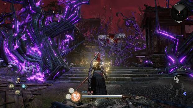 Nioh 3 - Un final siniestro, Murakumo en lasegunda aparición mientras subes las escaleras tras atravesar el primer edificio en el que te ataca