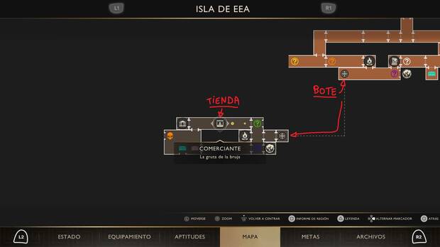 God of War Sons of Sparta - Ubicación en el mapa de la tienda de gouris de Circe La gruta de la bruja