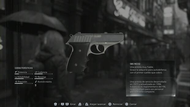 Resident Evil Requiem - Armas: S&S M232 de Grace en el men� de inspecci�n del inventario