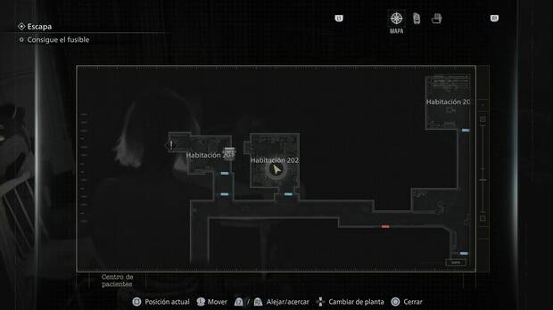 Resident Evil Requiem - Centro de pacientes, ubicación de la habitación 202 en el centro del pasillo oeste