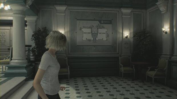 Resident Evil Requiem - Centro de pacientes (III), ubicación del plano del Centro de pacientes en la pared sudeste del Salón central