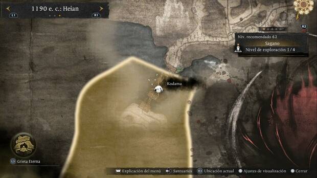 Nioh 3 - Kodama de Sagano, ubicaci�n del kodama en los andamios bajo el Puente del Templo de Honnoji, en la esquina noroeste de la regi�n