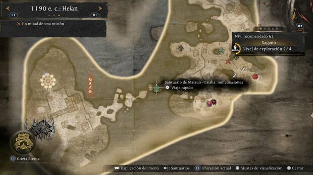 Nioh 3 - Santuarios de Sagano, ubicaci�n del Santuario de Matsuo-Taisha: inmediaciones en la esquina suroeste de la regi�n
