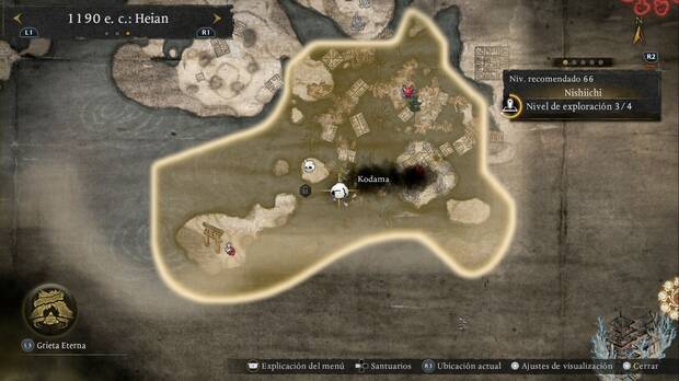 Nioh 3 - Kodama en Nishiichi, ubicaci�n del kodama en la pagoda de la parte central de las plataformas del sur