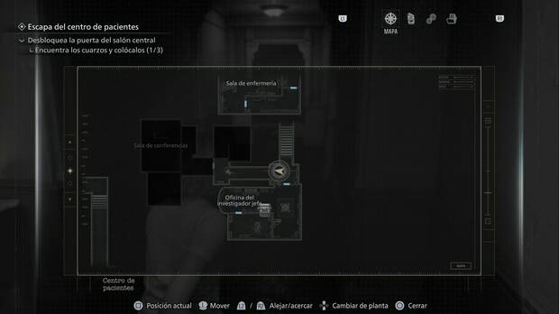Resident Evil Requiem - Centro de pacientes (III), pasillo de la primera planta del ala este, que conecta la Oficina del investigador jefe con la Sala de conferencias