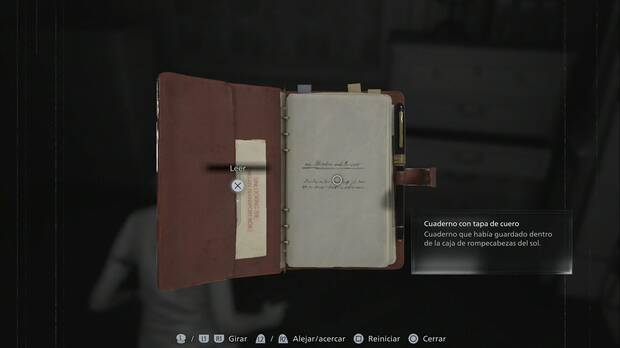 Resident Evil Requiem- Centro de pacientes (III), cuaderno con tapa de cuero examinado desde el inventario