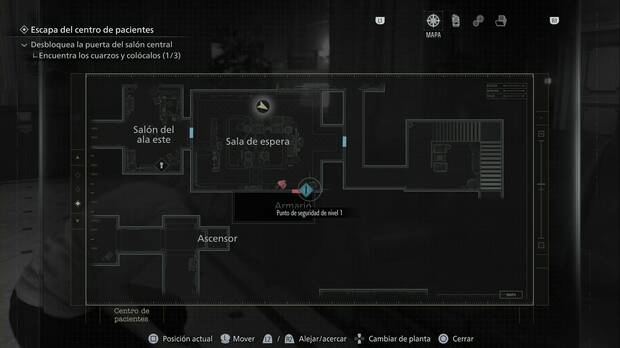 Resident Evil Requiem- Centro de pacientes (III), ubicación de la puerta de seguridad de nivel 1 que abre el Armario de la Sala de espera del ala este de la planta baja