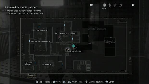 Resident Evil Requiem - Centro de pacientes (III), ubicación de la puerta de seguridad de nivel 2 en la zona este de la planta baja del Centro de pacientes