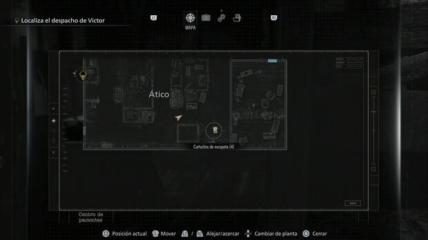 Resident Evil Requiem - Centro de pacientes (IV), icono de munición de escopeta en la esquina sudeste del ático del Centro de pacientes