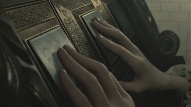 Resident Evil Requiem - Centro de pacientes (III), Emily se encarga de la caja del rompecabezas con las inscripciones en braille