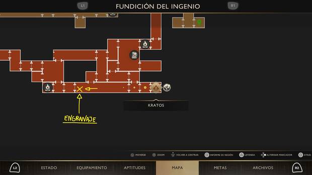 God of War Sons of Sparta - Ubicaci�n en el mapa del engranaje de obsidiana para abrir la puerta de la Fundici�n del Ingenio