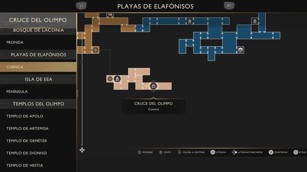 God of War Sons of Sparta - Ubicaci�n en el mapa del cruce del Olimpo Cuenca de Playas de Elaf�nisos