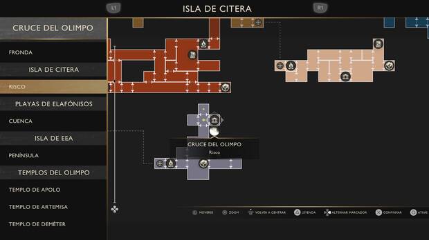 God of War Sons of Sparta - Ubicaci�n en el mapa del cruce del Olimpo Risco de Isla de Citera