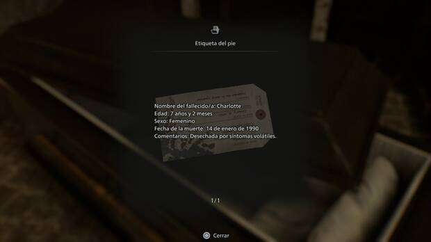 Resident Evil Requiem - R.P.D., Etiqueta del pie en un ataúd del sótano del Orfanato