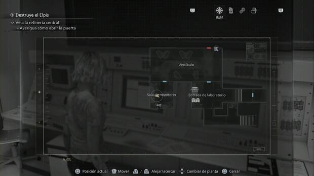Resident Evil Requiem - ARK (II), ubicación de la Sala de monitores en la esquina suroeste del Vestíbulo, donde hay un documento y una caja fuerte