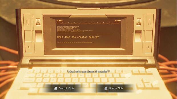 Resident Evil Requiem - ARK (III), menú de decisiones sobre destruir o liberar el Elpis al final del juego